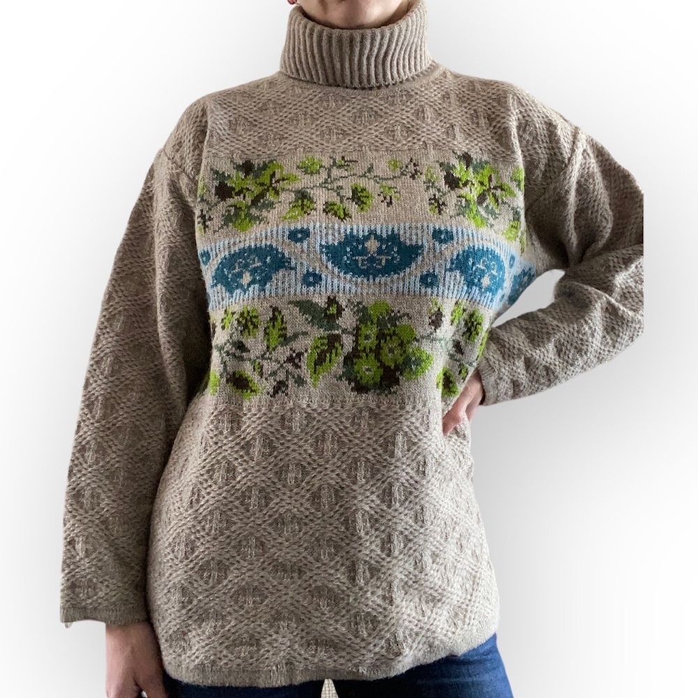 Oilily Italy Vintage Wool Alpaca Blend Sweater Turtleneck Floral Leaves Art Rare